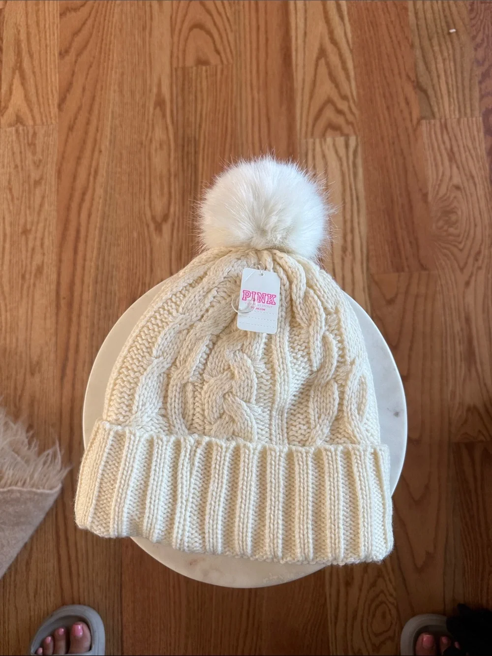 NWT PINK Victoria's Secret Cream Cable Knit Pom Pom Beanie